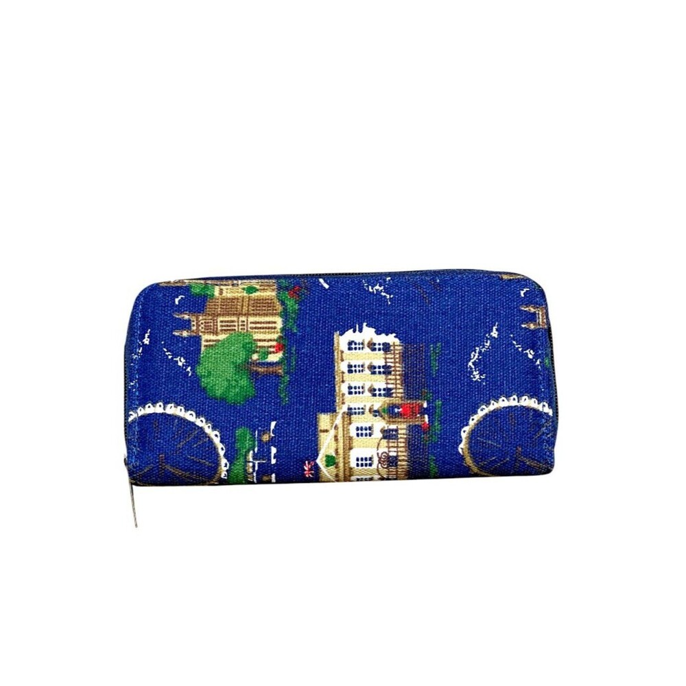 London Print Blue Canvas Zip Around Wallet | Travel Theme Organizer Purse